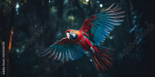 A parrot with blue and red wings flies in a forest