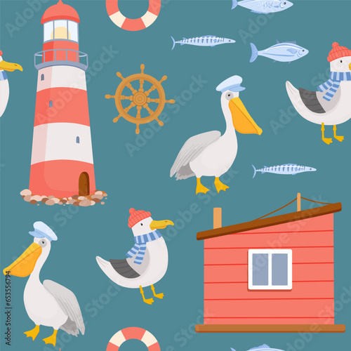 Seamless childish nautical pattern with cute sailor pelican, seagull and lighthouse. Funny vector characters on blue background