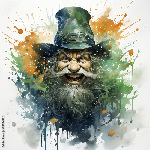 illustration of leprechaun with green paint splash and white background