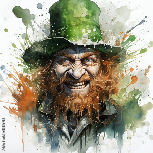 illustration of leprechaun with green paint splash and white background