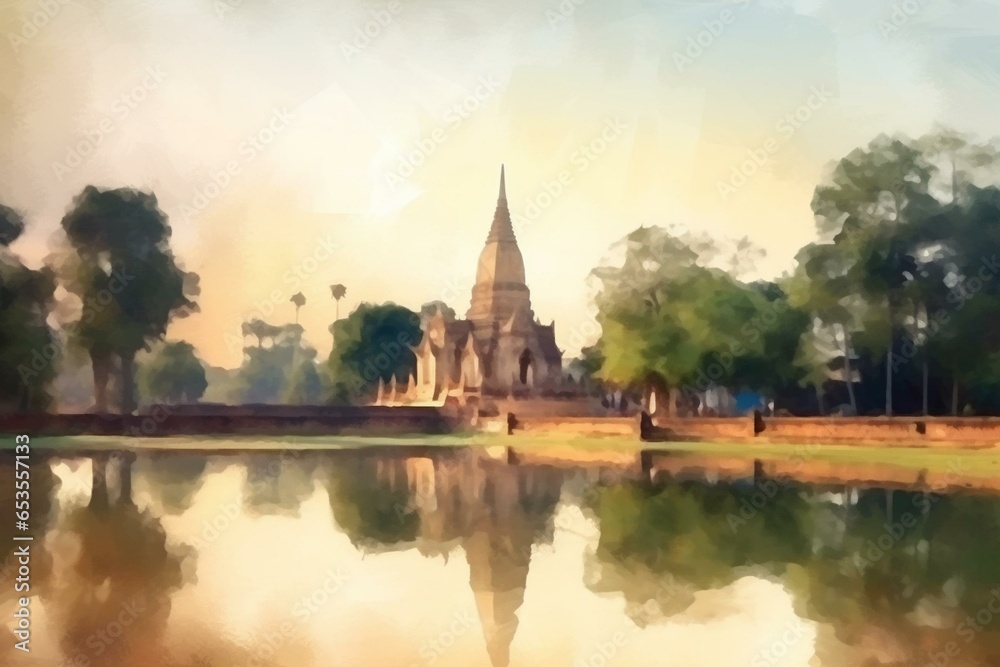 Beautiful illustration capturing the Sukhothai Historical Park, a world heritage tourist attraction in Thailand, in an impressionist painting style. Generative AI