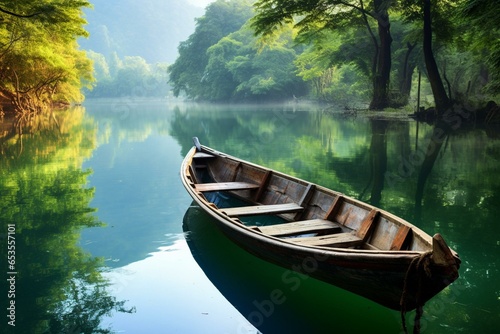 A calm river with a traditional boat beckoning tourists to experience the tranquility of river tourism. Generative AI