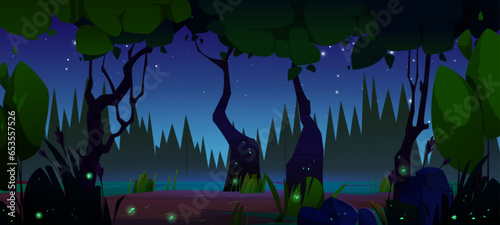 Swamp in forest at night. Cartoon vector of dark evening woodland landscape with pond, trees and plants with glowing flying fireflies. Summer or spring midnight wetland scenery with glowworms.