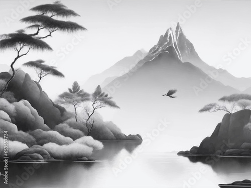 Watercolor and ink illustration of chinese landscape with pagoda and mountains in style sumi-e, u-sin. Traditional asian architecture. Oriental traditional painting.