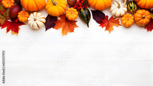 Festive autumn decor made of pumpkins  berries and autumn leaves on a white wooden background. Thanksgiving or Halloween concept. Copy Space