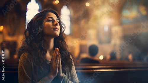 Young woman prays to god in church, concept of faith in religion and belief in God