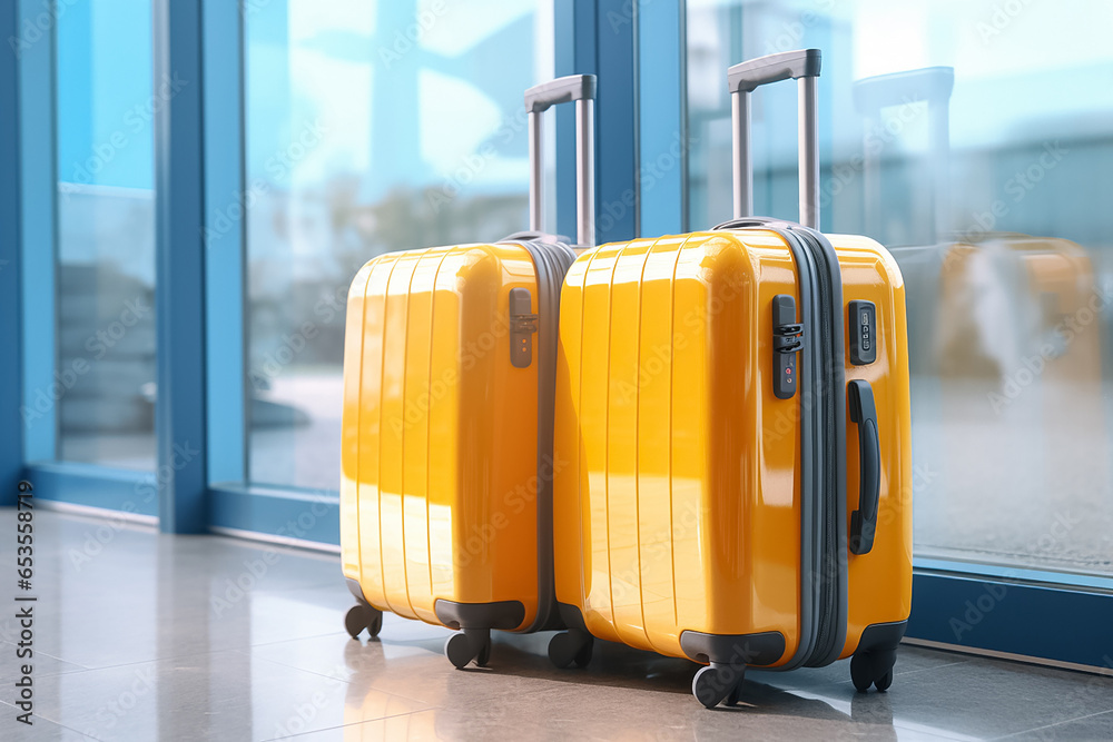The shot of a yellow suitcase luggages placed on the floor near the window at the airport with morning lights, Generative AI. The shot of a yellow suitcase luggages placed on the floor near the window at the airport with morning lights, Generative AI.