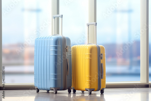 The shot of a yellow suitcase luggages placed on the floor near the window at the airport with morning lights, Generative AI.
