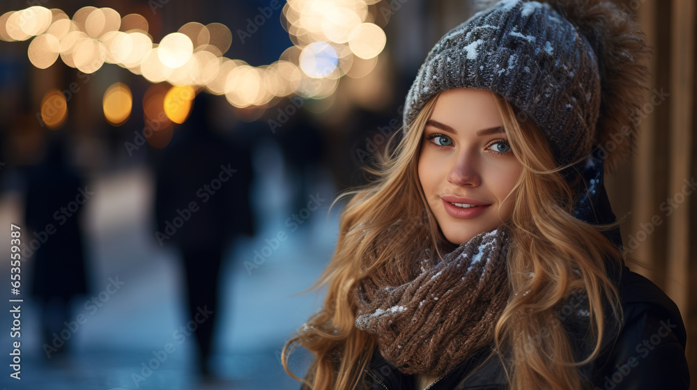 portrait of a Young Woman ion a Street in the winter, bokeh copy space portrait of a Young Woman ion a Street in the winter, bokeh copy space