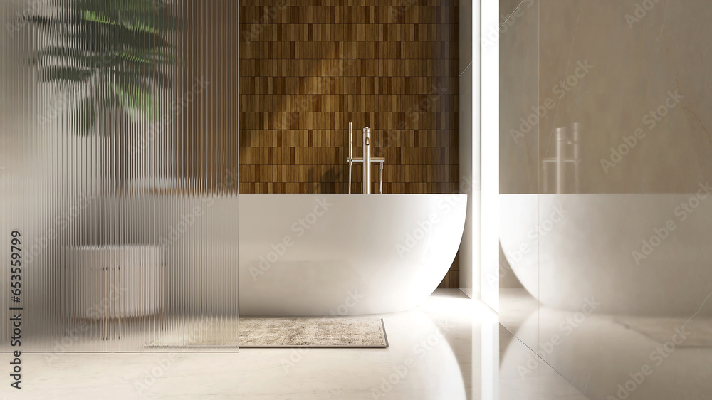 Luxury bathroom with bathtub, chrome shower head, reeded glass partition, tree in sunlight from window on marble floor, brown tile wall for interior design decoration, toiletries product background 3D - obrazy, fototapety, plakaty 