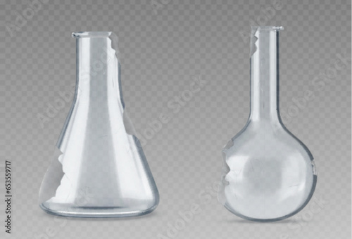 Broken test laboratory glass tube flask equipment. 3d lab beaker glassware realistic vector bottle set. Isolated transparent empty medical container for medicine research and analysis illustration