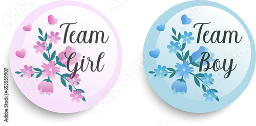 Two team girl and team boy pink and blue stickers set for gender reveal party isolated