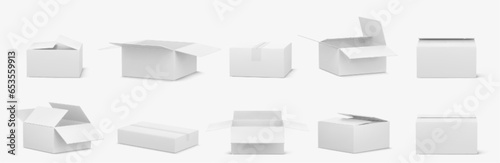 3d white carton paper box package vector mockup. Rectangular cardboard blank parcel mock up perspective view set. Empty open and close clean cosmetic sample wrapping bag for shipping and delivery