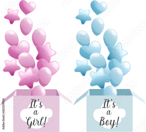 Blue and pink boxes for gender reveal party with boy and girl texts and air balloons isolated