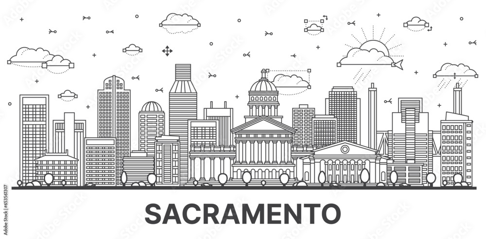 Outline Sacramento California city skyline with modern and historic buildings isolated on white. Vector illustration. Sacramento USA cityscape with landmarks.