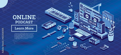 Online Podcast or Radio Show. Isometric Music Concept. Recording Equipment. Microphone, Laptop, Headphones, Mixer and Midi Keyboard. Audio Blog.