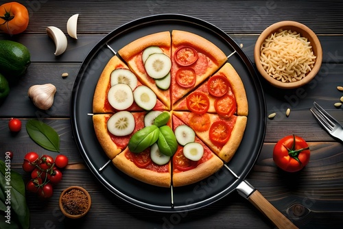 illustration of very yummy pizza on unique background, with salad and toppings 