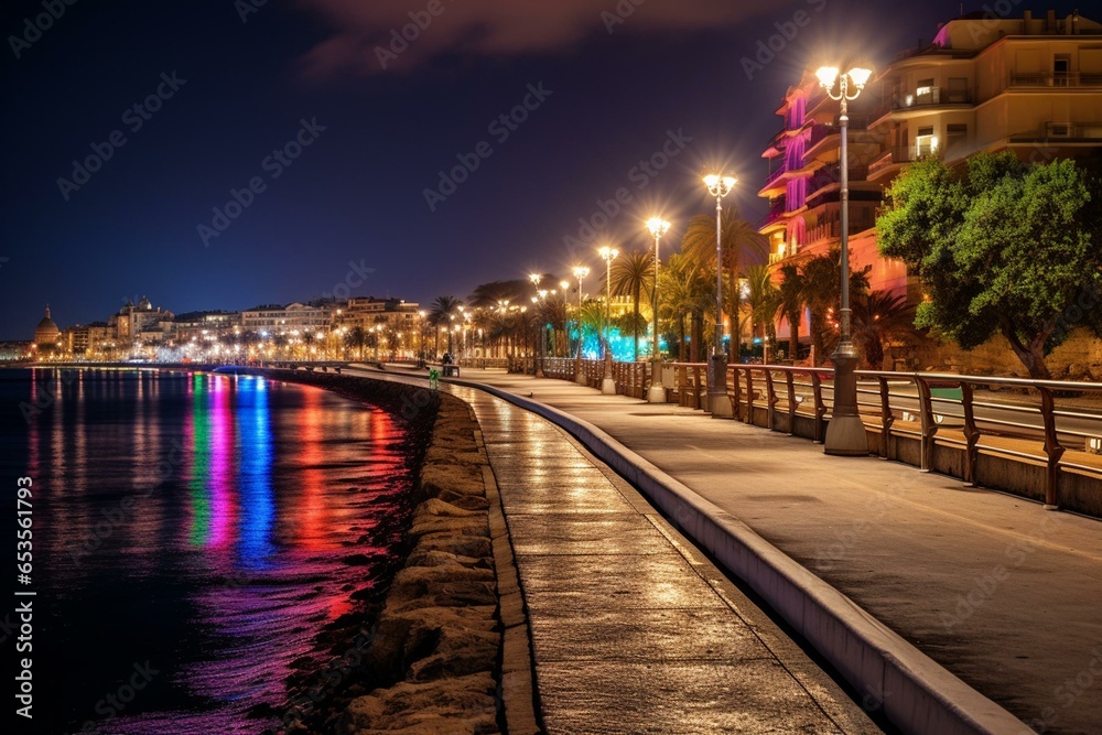 Nighttime at Sliema Bay promenade, Malta. Brightly lit urban scenery. Generative AI