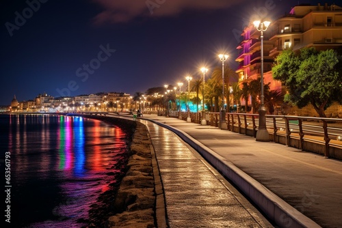 Nighttime at Sliema Bay promenade, Malta. Brightly lit urban scenery. Generative AI