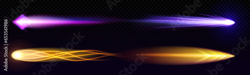 Comet burst flare and rocket or missile engine trail. Spaceship launch smoke and light effect. Ui vfx game 3d neon speed fireball or meteorite fly in air. Weapon flight burn isolated line vector