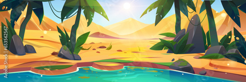 Desert landscape with lake and palm trees in oasis in sand and hills. Water and green plants in middle of dune. Cartoon vector illustration of sunny summer scenery of savannah with pond and greenery.