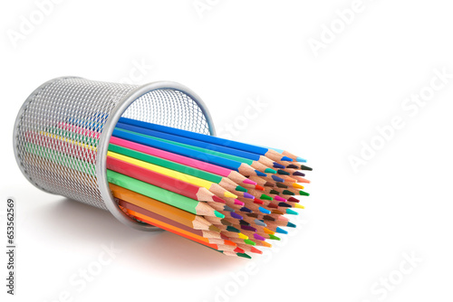 Pen holder full of colorful pencils on isolated background