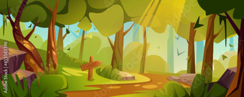 Forest path and wood road sign landscape vector background. Wooden arrow board with direction on stick. Summer travel guide notice in mystery park location. Information billboard design on way