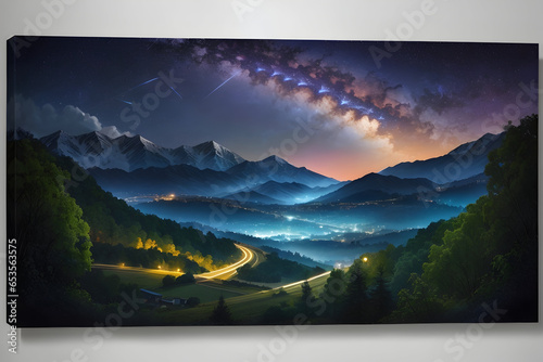 Experience the enchanting beauty of a starlit night in the serene hills. This mesmerizing image captures the celestial dance of stars against a backdrop of rolling hills, creating a dreamy