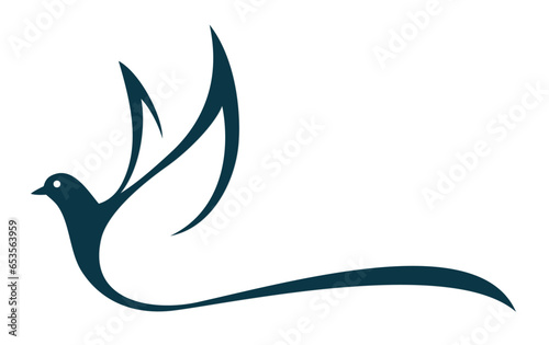 The symbol of a stylized flying blue pigeon.