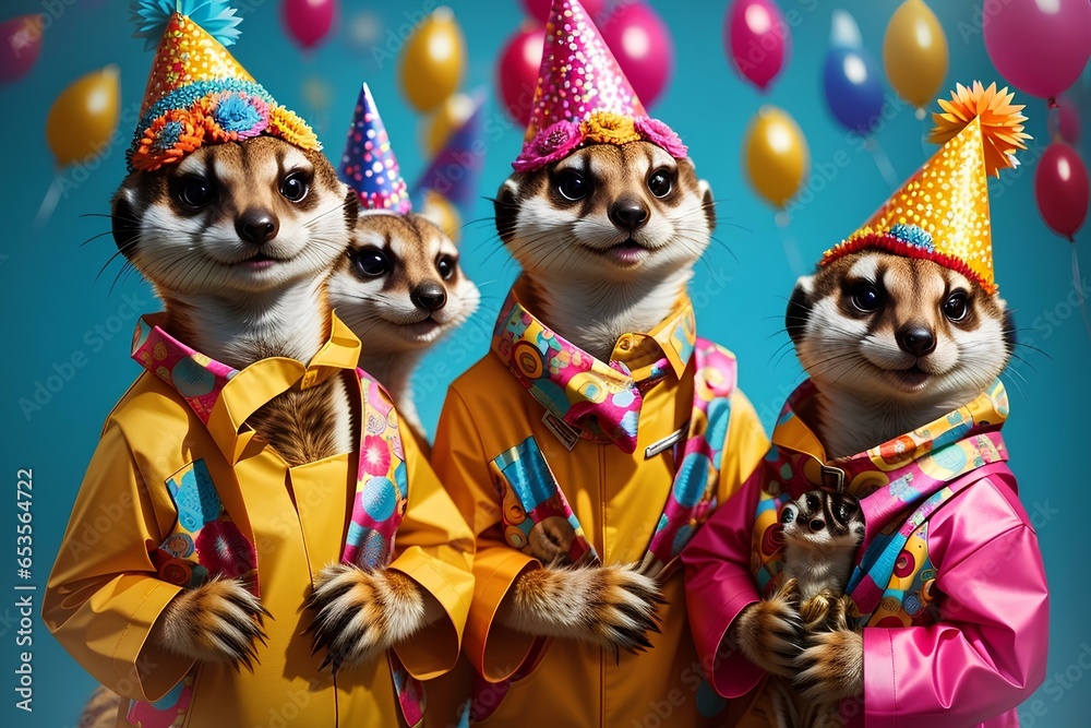 Creative animal concept. Meerkat in a group, vibrant bright fashionable outfits isolated on solid background advertisement, copy text space. birthday party invite