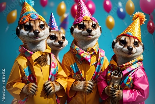 Creative animal concept. Meerkat in a group, vibrant bright fashionable outfits isolated on solid background advertisement, copy text space. birthday party invite