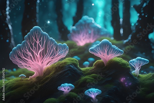 Glowing Fantasy Mushrooms on Magical Forest, Mystical Organisms and Vegetation, AI Generated