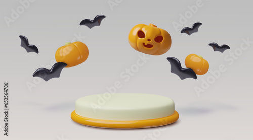 Halloween 3D podium with pumpkins and black flying bats. Horizontal three dimensional minimal product background design. Vector illustration for holiday sales and promotions.