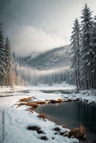 Beautiful winter landscape in the mountains. Lake in the mountains.