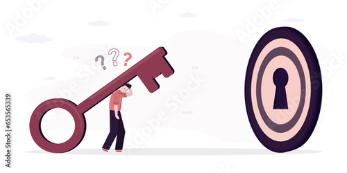 Tired businessman carry big heavy key to goal. loser entrepreneur cannot open way to success. Unsuccessful employee cannot overcome obstacles in work and achieve goals.