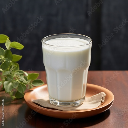 Ayran drink with mint in glass on wooden table