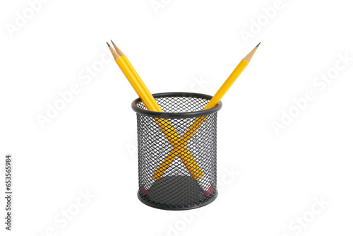 Pen holder full of pencils on isolated background