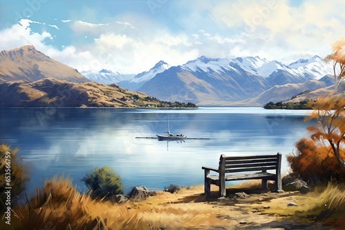 Digital painting of a scenic view in Wanaka, New Zealand. Generative AI