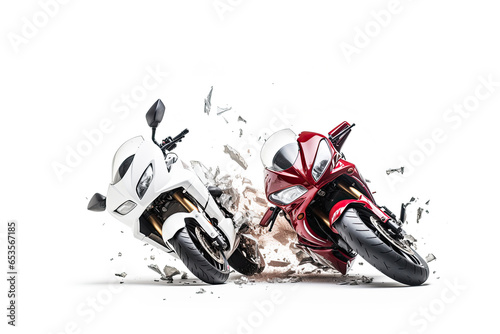 realistic set up photography of a white Motorcycle accident violently facing each other on isolated white background