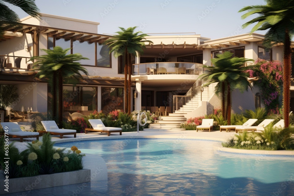 Contemporary upscale estate or resort design featuring a close-up of an outdoor pool. Generative AI