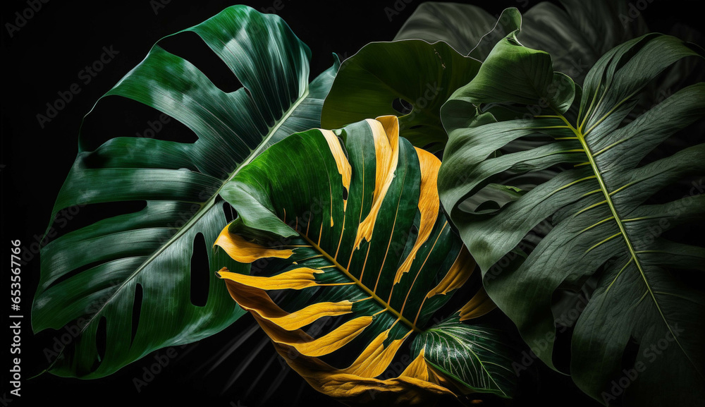 Green tropical leaves on black background. Rich greenery on the dark toned background.  - obrazy, fototapety, plakaty 