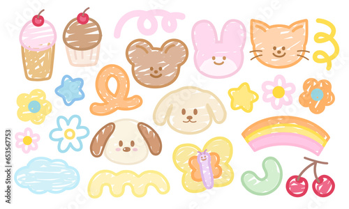 Pastel doodles of puppy, teddy bear, bunny, butterfly, cat, flowers, rainbow, cupcake, star, cherry for cartoon, character, animal print, sticker, spring, summer, kids, plush toy, doll, cute patches