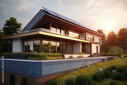 Modern home with rooftop solar panels. Generative AI