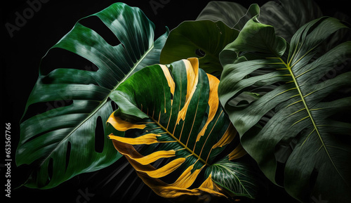 Green tropical leaves on black background. Rich greenery on the dark toned background. 