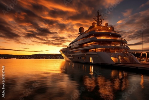 A beautiful image capturing the stunning evening radiance of luxurious superyachts. Generative AI photo