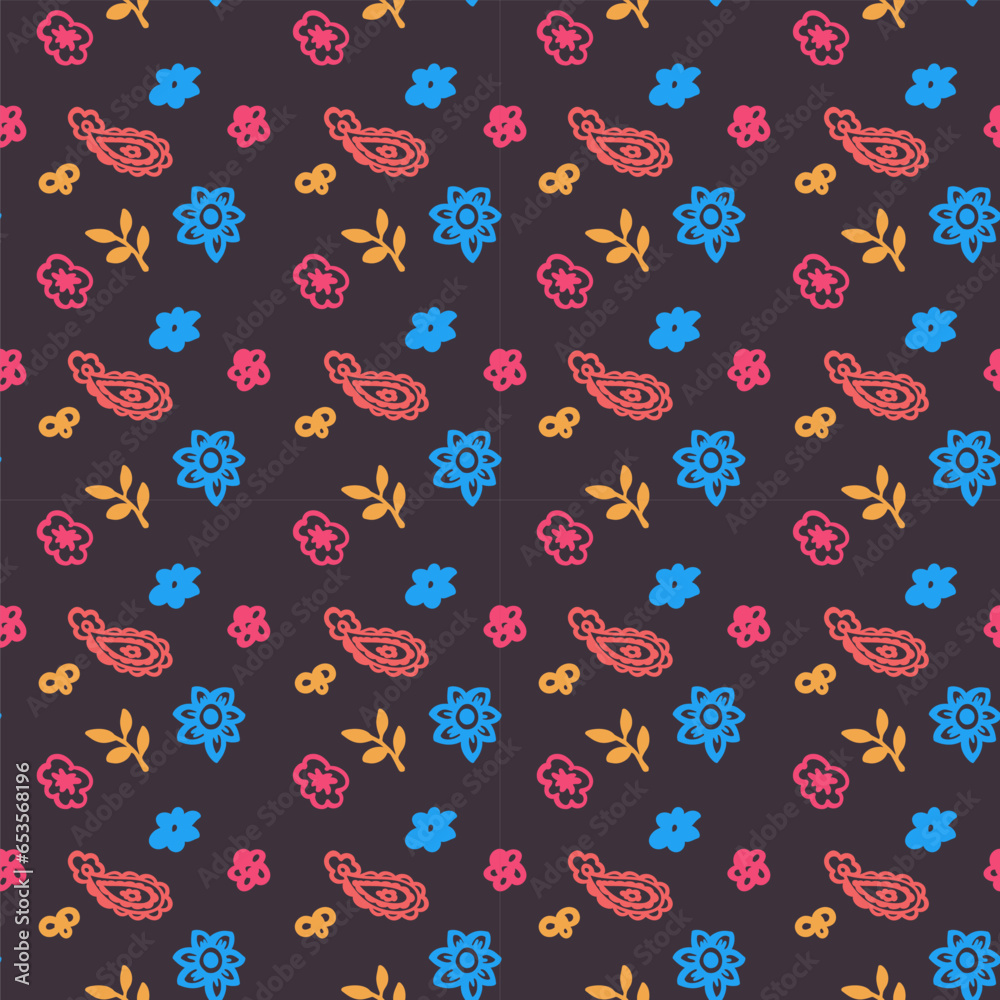 Blooming flowers and foliage, seamless pattern Blooming flowers and foliage, seamless pattern