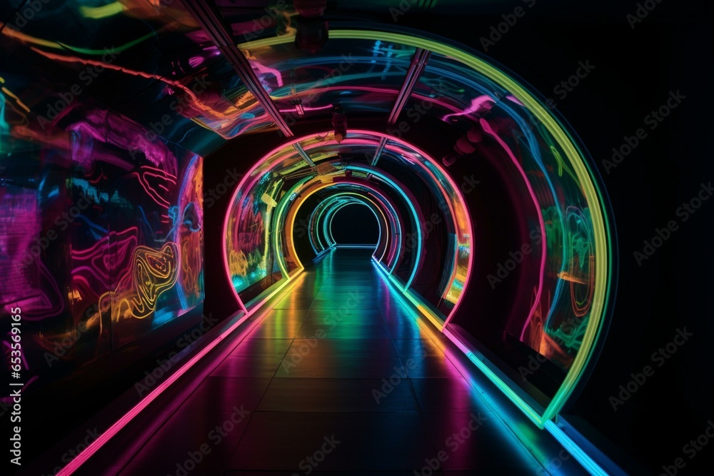 Vibrant tunnel with swirling neon colors. Generative AI