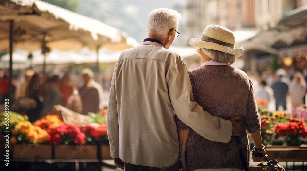 A senior couple enjoying their time traveling, exploring an outdoor market bustling with various stalls. They are seen engaging with local vendors, immersing themselves in the vibrant atmosphere.