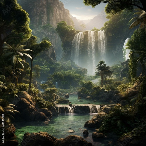 Fototapet garden of eden waterfall nature cinematic