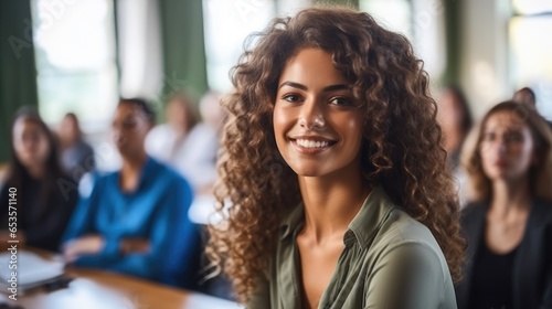 African American woman student in classroom at university.